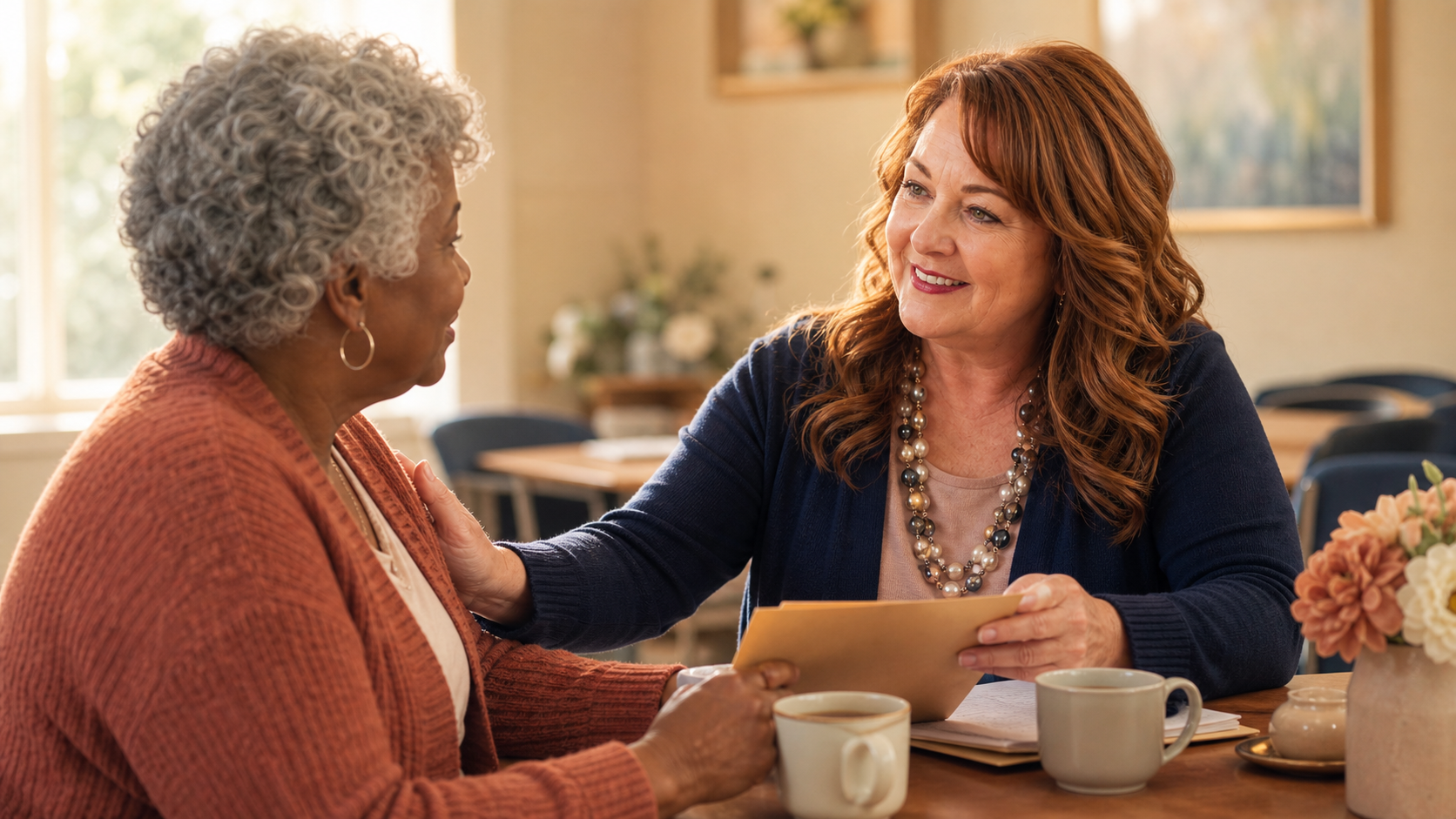 Two women in a warm conversation during a hope outreach visit