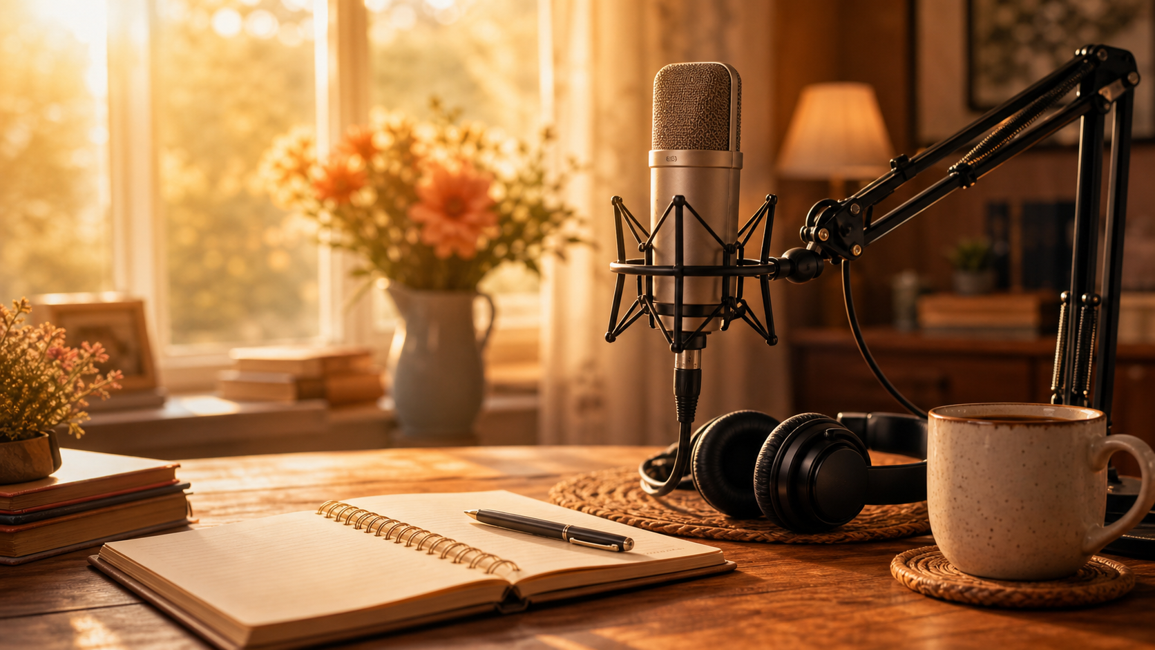 A warm radio studio setup for an encouraging broadcast